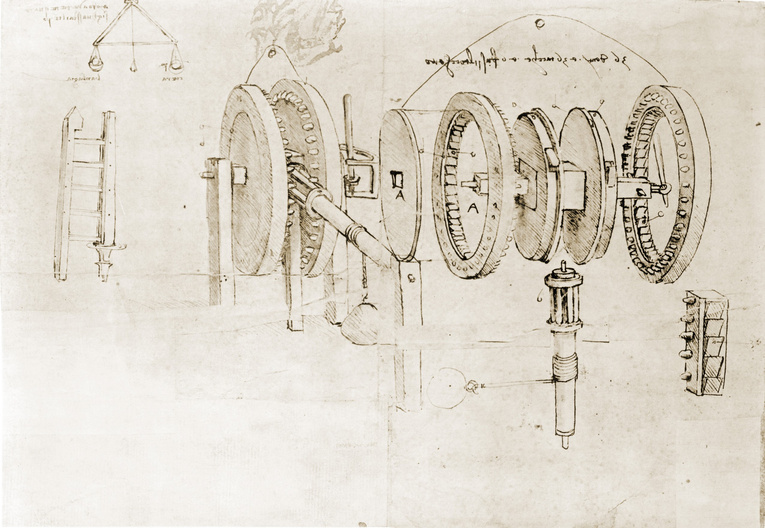 Page from the notebooks of Leonardo da Vinci (1452-1519) showing a geared device disassembled.  Ca. 1500.